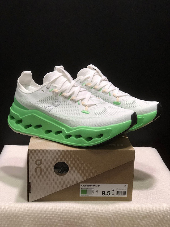 On Cloudsurfer Max White Green Running Shoes