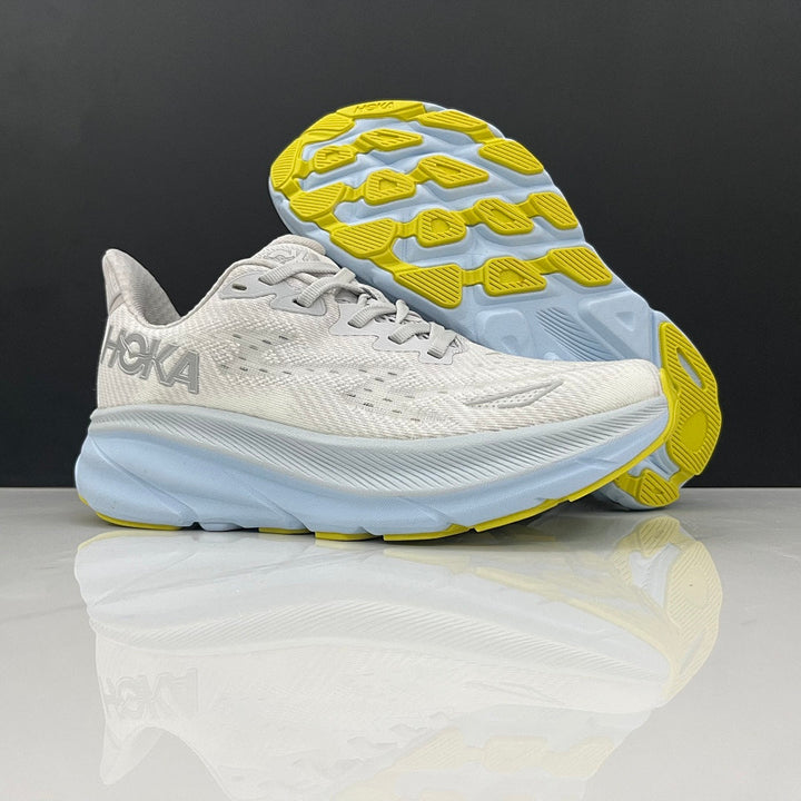 HOKA Clifton 9 Running Shoes in Gray and Blue